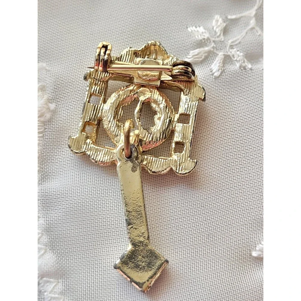 Vintage Clock with Moveable Pendulum Pin Brooch Green Rhinestones Goldtone